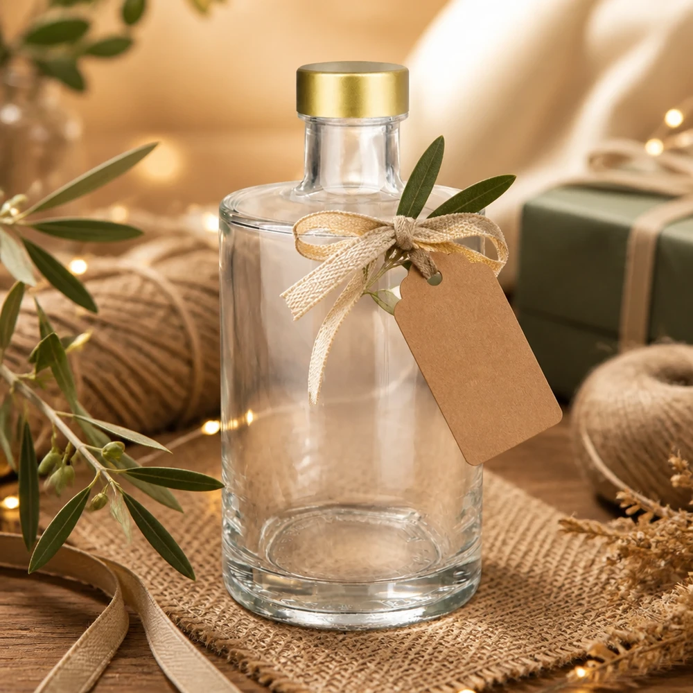 Botella de vidrio de 375 ml «Sam» + tapón de rosca dorado UNiTWIST® 375ml Glasflasche Sam leer mit Geschenkanhänger goldener Schraubverschluss UNiTWIST gemütliche Geschenkverpackung
