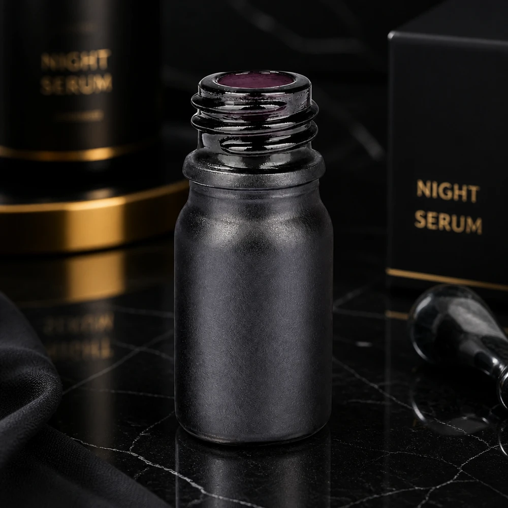 Botella de farmacia de 5ml BlackLine UT18/5 UNiTWIST Frasco de farmacia negro de 5 ml BlackLine UT18/5 de vidrio violeta para cosméticos y suero de noche
