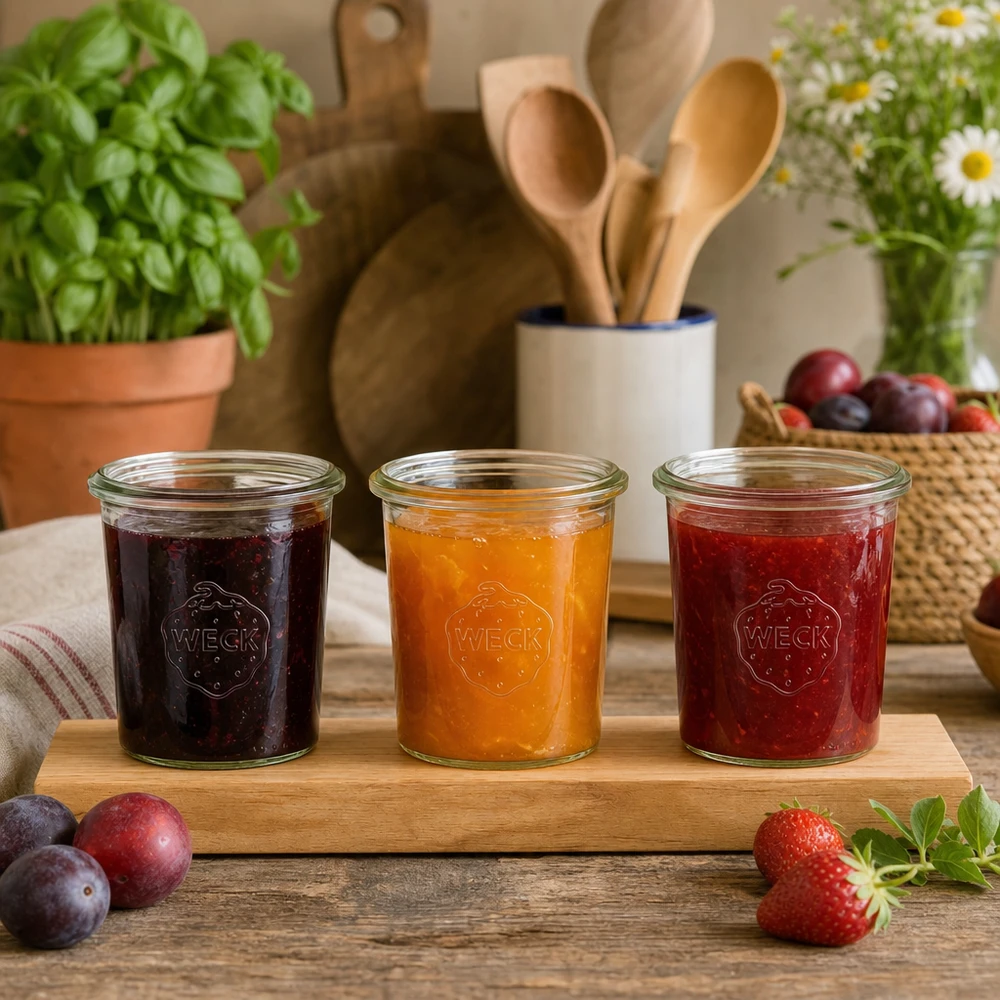Vasos Weck de 160 ml sobre una tabla de madera llena de mermeladas de colores en una cocina rústica