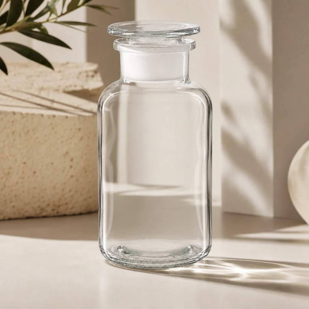 Botella de cuello ancho de vidrio borosilicato de 500 ml con tapón de vidrio tallado, que se puede cerrar herméticamente