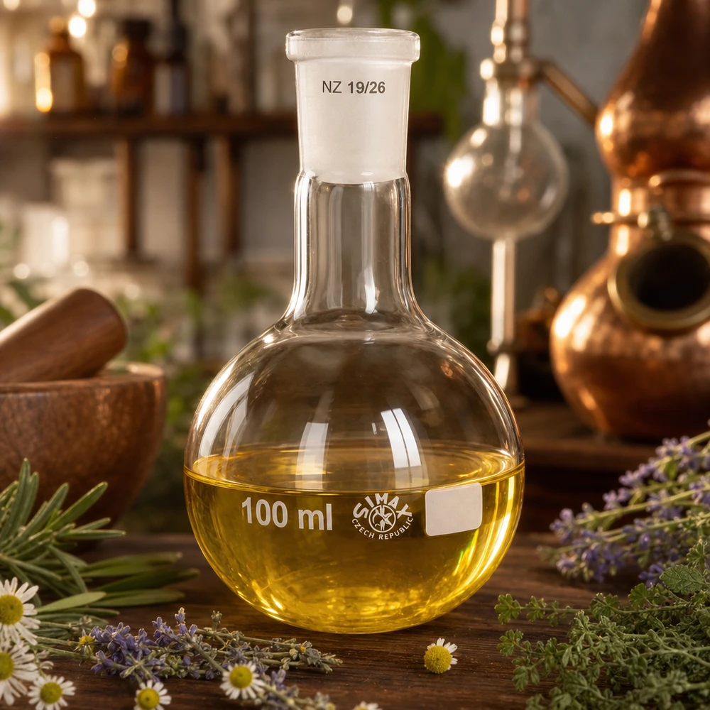Frasco hembra con solución amarilla de 100 ml de volumen - material de vidrio de laboratorio de alta calidad con junta esmerilada estándar 19/26