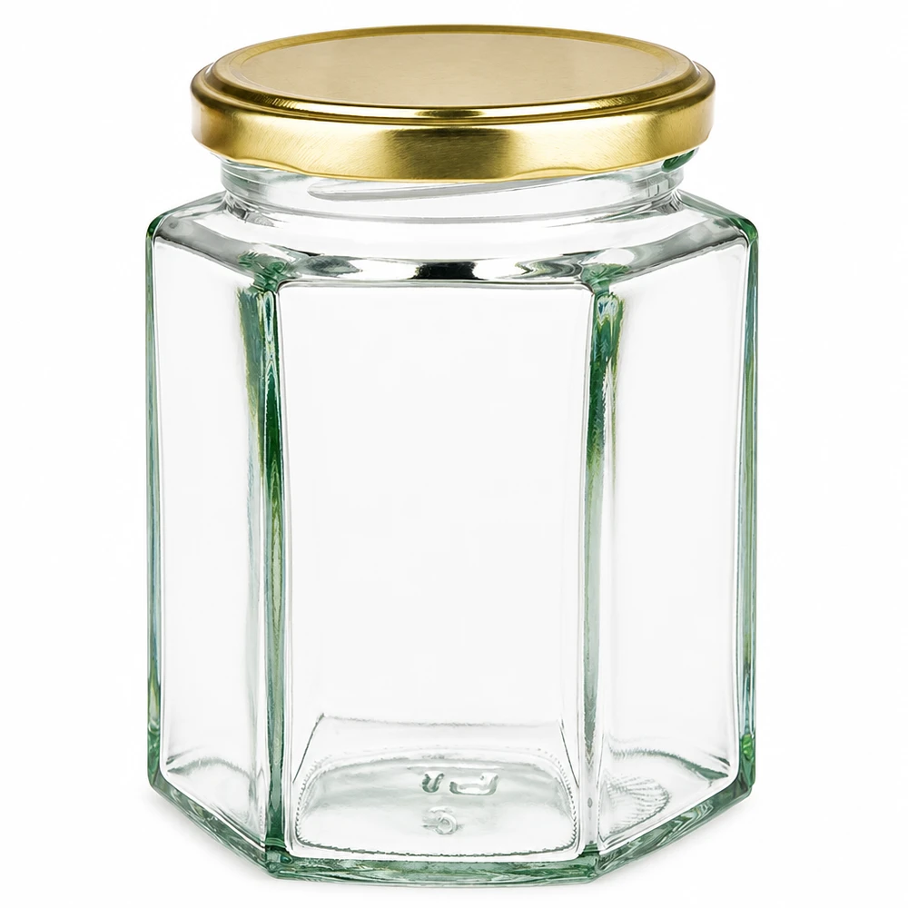 Frasco Hexaglas de 191 ml con tapa BasicSeal dorada de UNiTWIST, vacío y transparente sobre fondo blanco