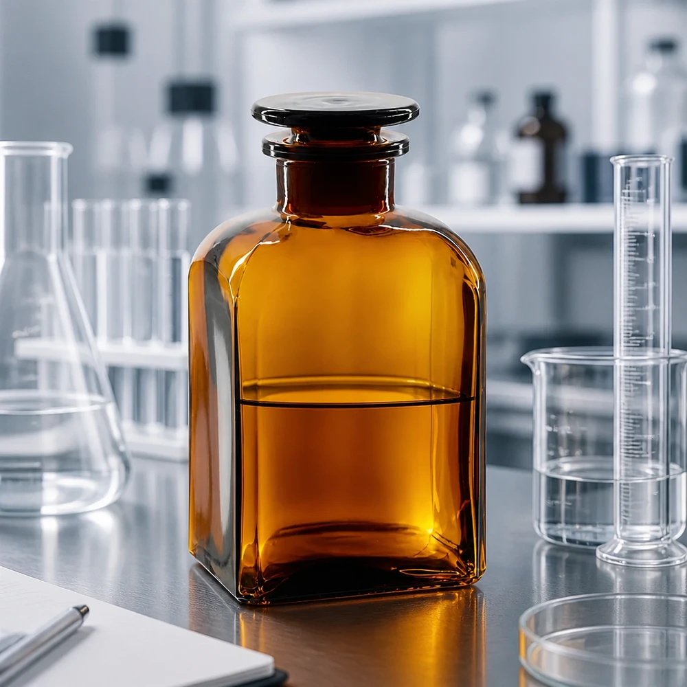 Botella cuadrada 500ml marrón cuello ancho tapón de cristal Frasco de laboratorio de cuello ancho, 500 ml, marrón, cuadrado, con tapón de cristal, rodeado de material de laboratorio