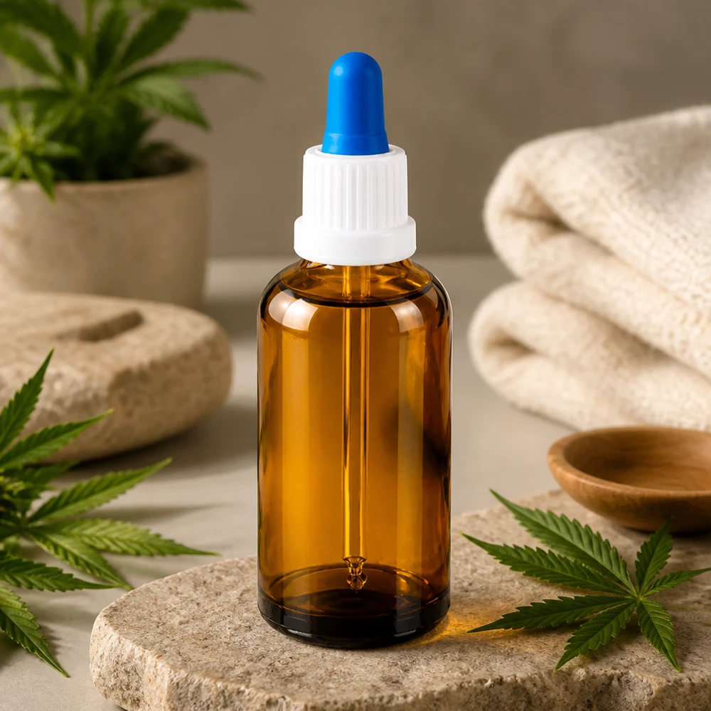 Frasco de pipeta de 50 ml de alta calidad fabricado en vidrio ámbar con protección UV y pipeta azul