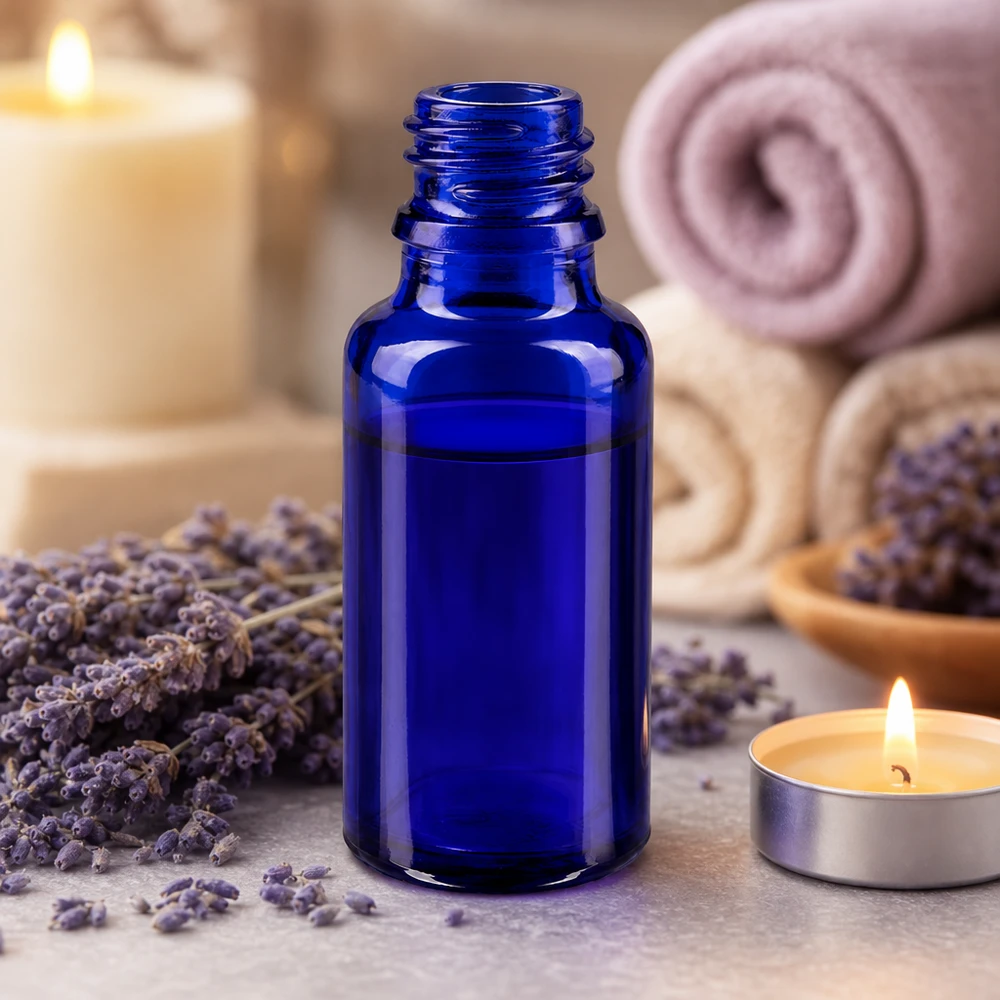 Frasco de vidrio azul 20ml ApoGlas con cuello roscado para aceites esenciales y aromaterapia