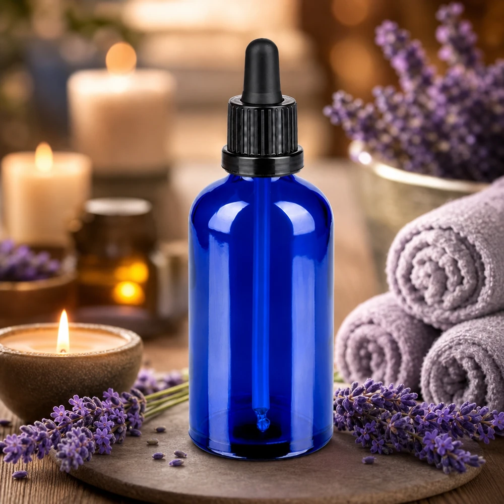 Frasco pipeta de 100 ml con tapón negro y cuentagotas para aceites esenciales y aromaterapia