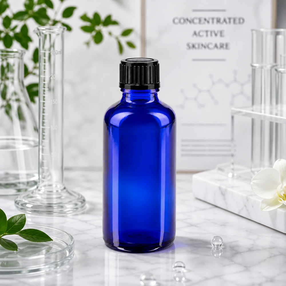 Frasco de farmacia azul de 50 ml con tapón cuentagotas negro, en un entorno de laboratorio con matraces de vidrio