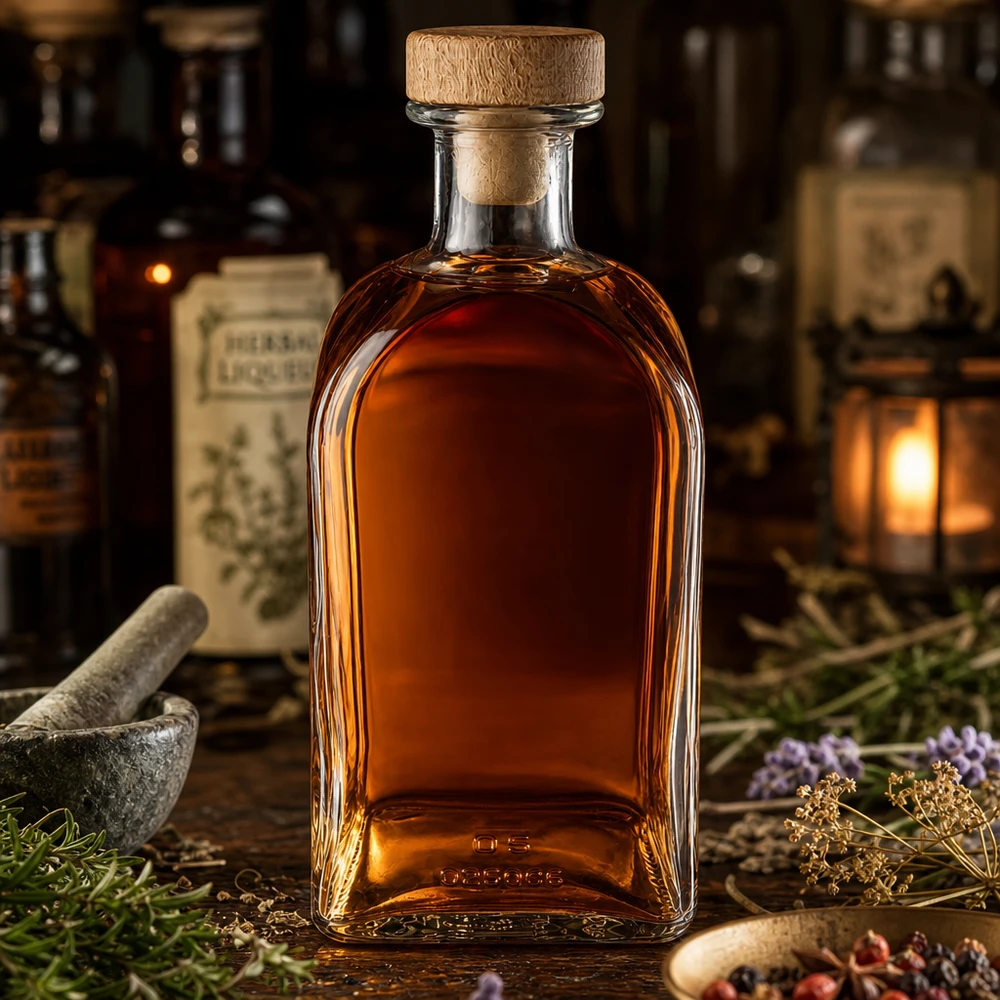Botella de cristal Julia de 500 ml con tapón de madera rellena de licor de hierbas en una antigua farmacia entre mortero y hierbas medicinales