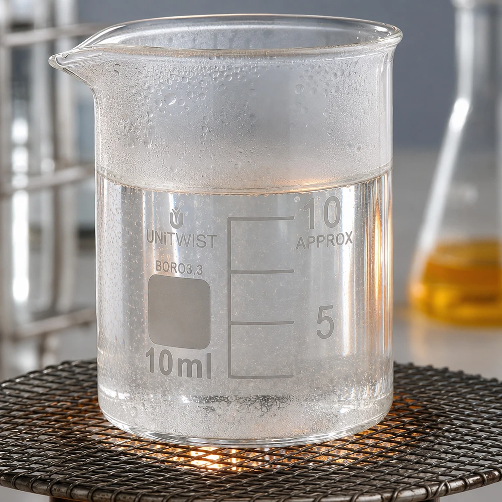 Vaso 10ml borosilicato, molde bajo UNiTWIST Vaso de precipitados pequeño de 10 ml con un líquido transparente, calentado sobre una malla metálica al fuego de un soplete