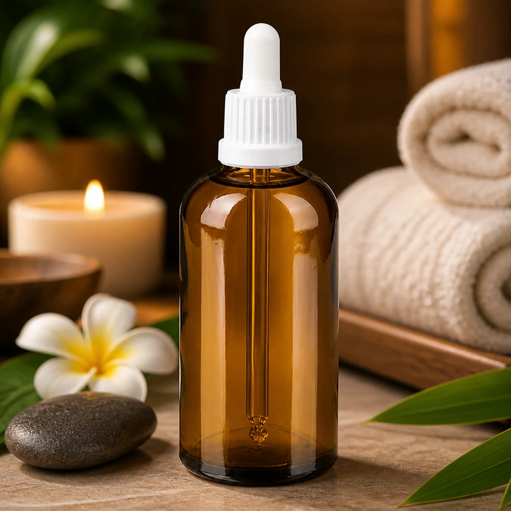 Frasco boticario marrón de 100 ml con pipeta ideal para cosmética y aromaterapia