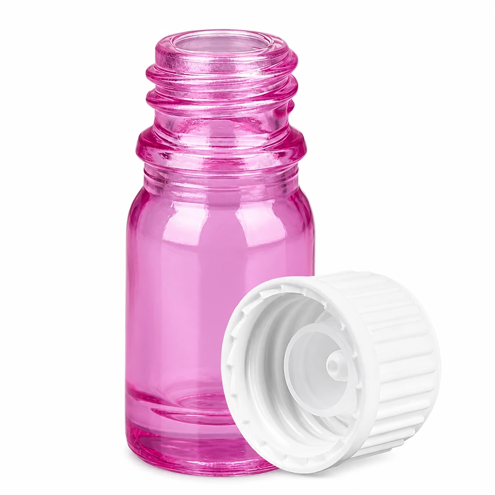 Pequeño frasco de cristal de 5 ml rosa-rosa con rosca y tapón blanco para aromaterapia y perfumería