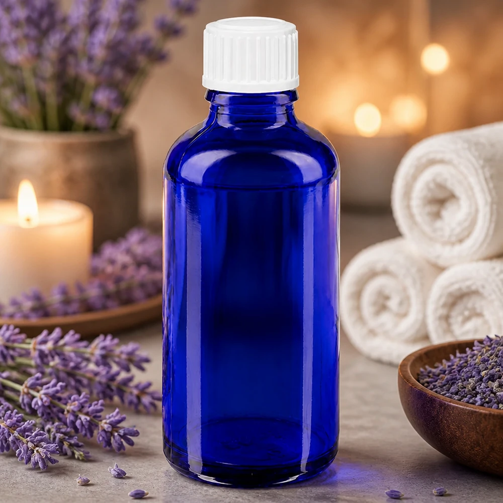 Botella de farmacia azul 50ml tapón cuentagotas blanco 0.8mm estándar Frasco cuentagotas azul de 50 ml de ApoGlas con tapón de rosca blanco, junto a flores de lavanda y velas
