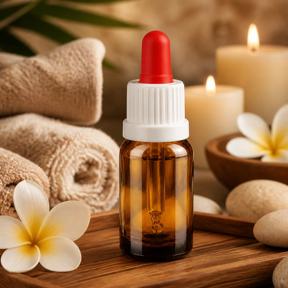 Pequeño frasco pipeta de 10 ml en vidrio marrón ideal para cosmética y aromaterapia