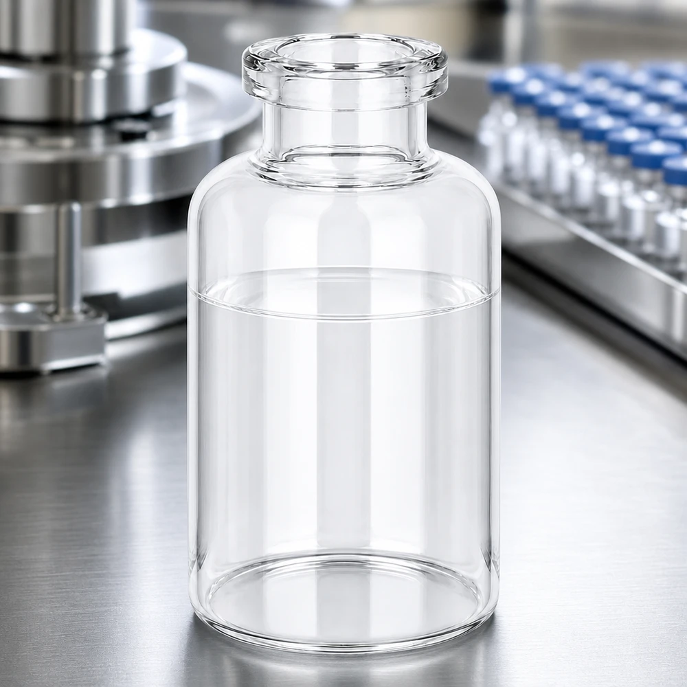 Frasco de inyección de vidrio transparente 30ml Medizinische Injektionsflasche Klarglas 30ml neben befüllten Blaukapsel-Vials in Produktionsanlage