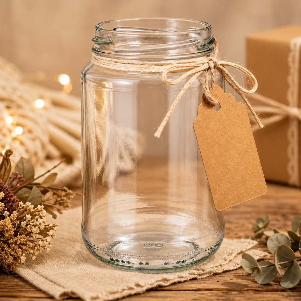 UNiTWIST Runda375 vaso redondo 375ml TO63 con etiqueta de papel kraft como envase de regalo en una escena decorativa rústica