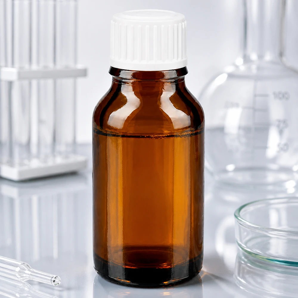 Pequeño frasco de medicamentos marrón de 30 ml con tapón blanco estándar en un entorno de laboratorio