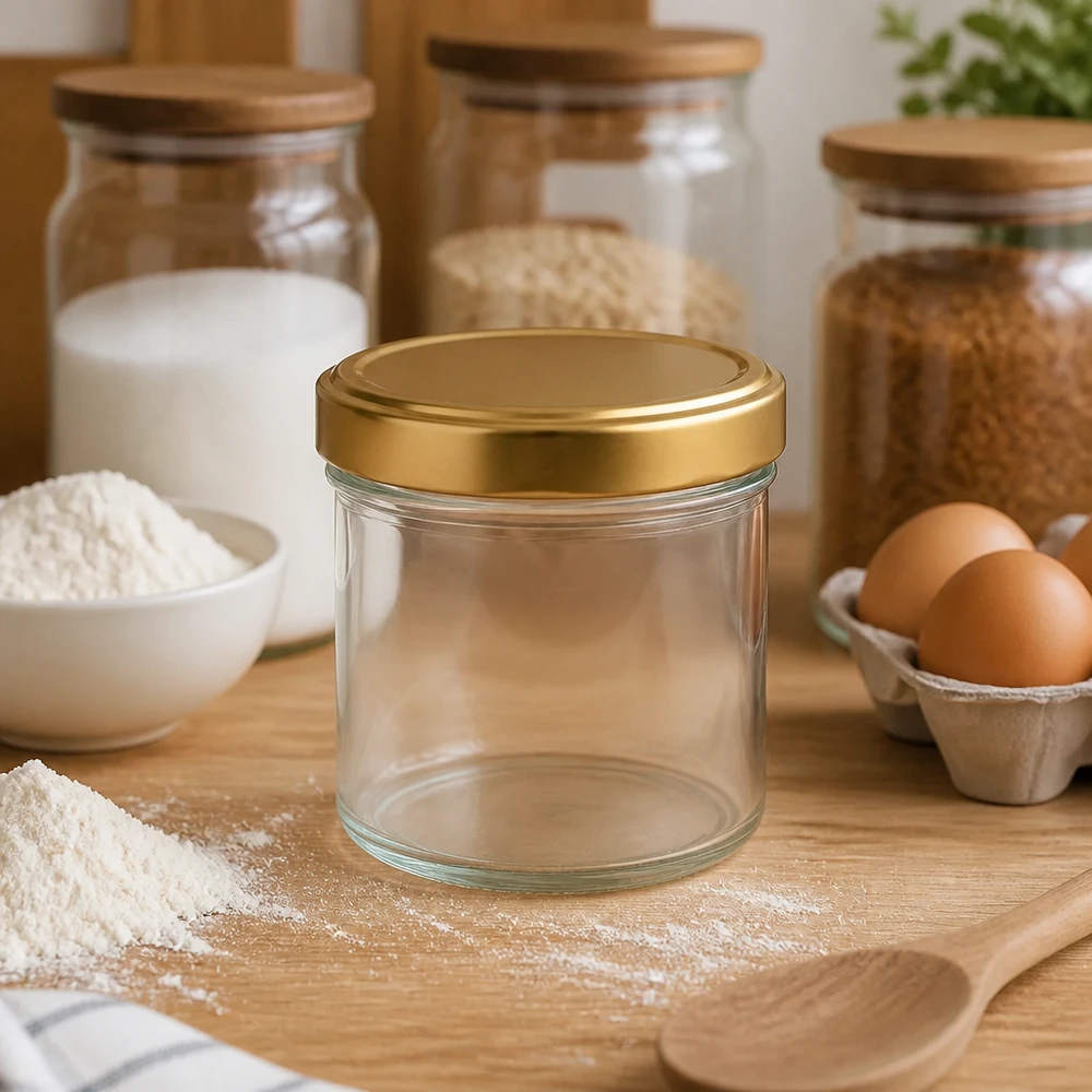 Tarro cilíndrico de 230 ml con tapa dorada BasicSeal en juego de cocina con harina, huevos y tarros de almacenaje Accesorios de repostería