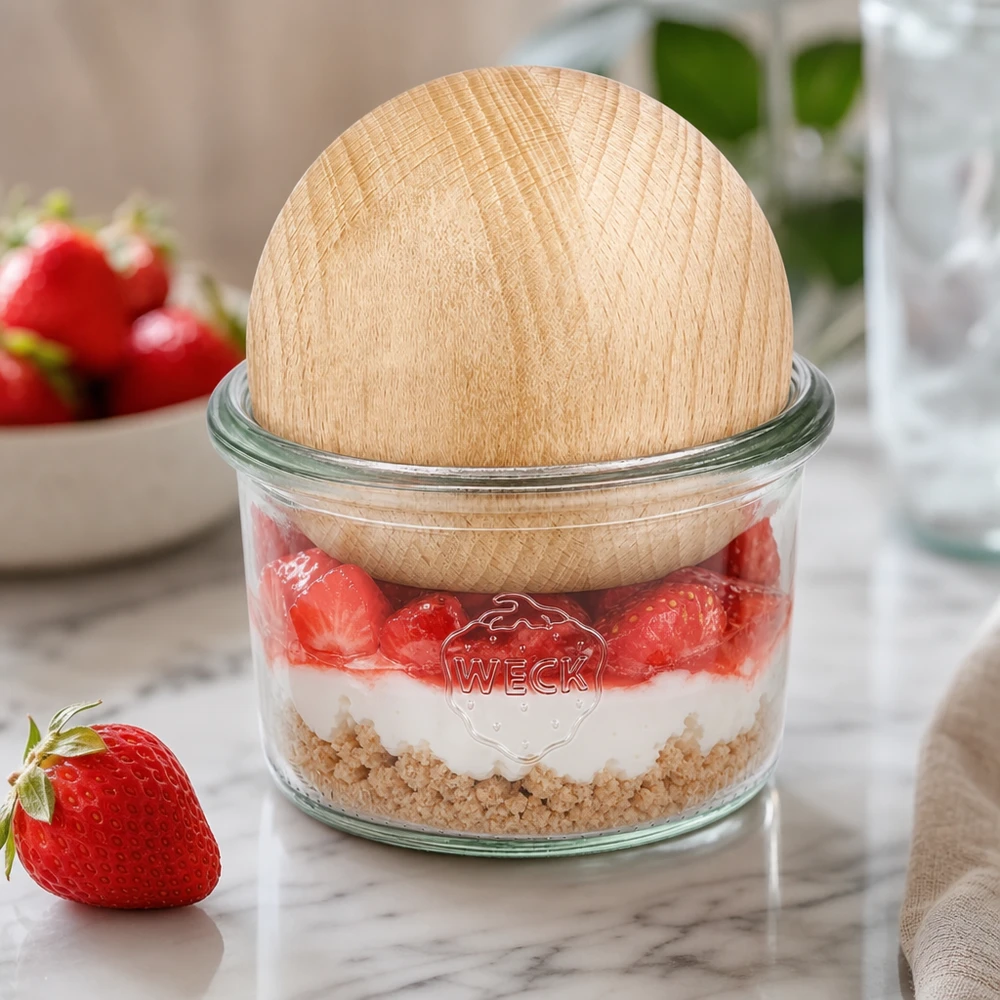 Vaso WECK 200ml RR80 con bola de haya como tarro de postre para postre de capas de fresa en una mesa de mármol