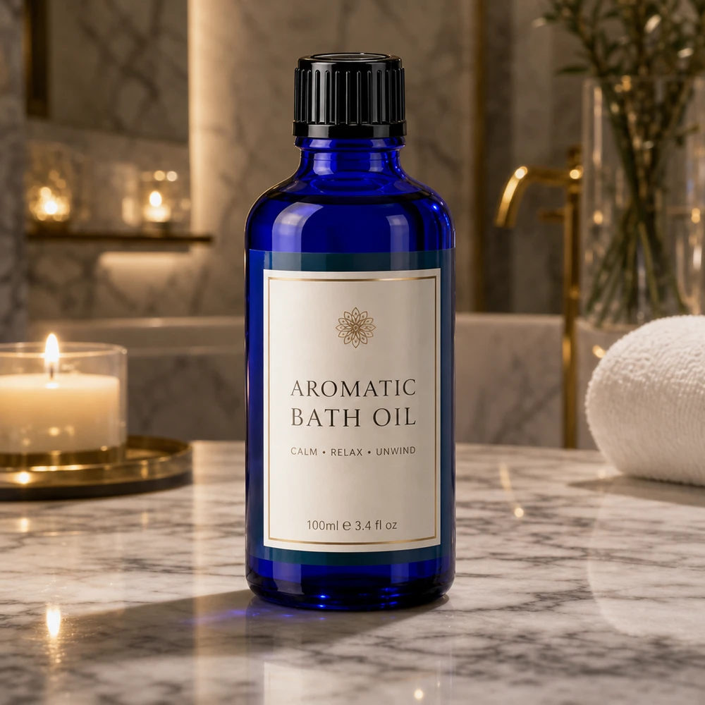 Frasco de cristal azul de 50 ml con tapón cuentagotas negro en un elegante cuarto de baño con decoración de mármol