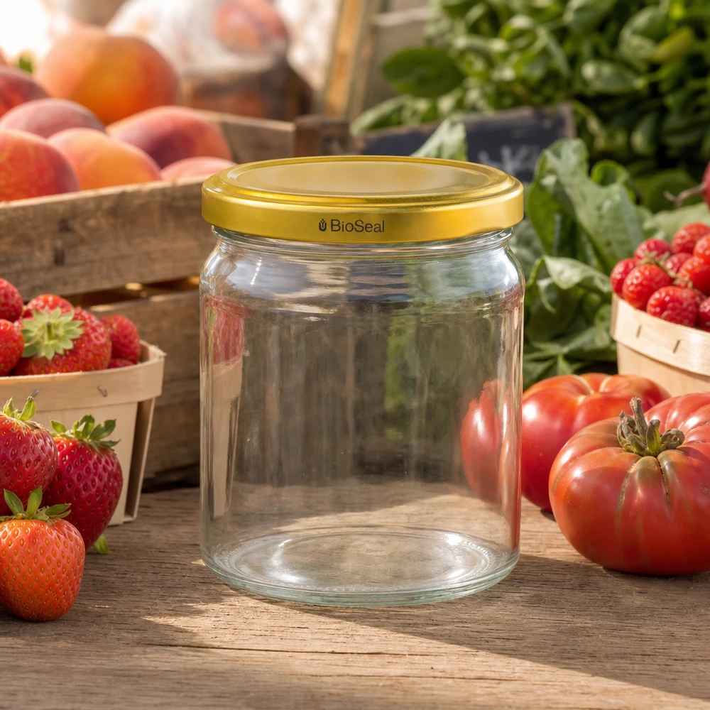 Tarro de conserva vacío UNiTWIST Runda408 con tapa BioSeal dorada entre fresas y tomates frescos sobre una mesa de madera.