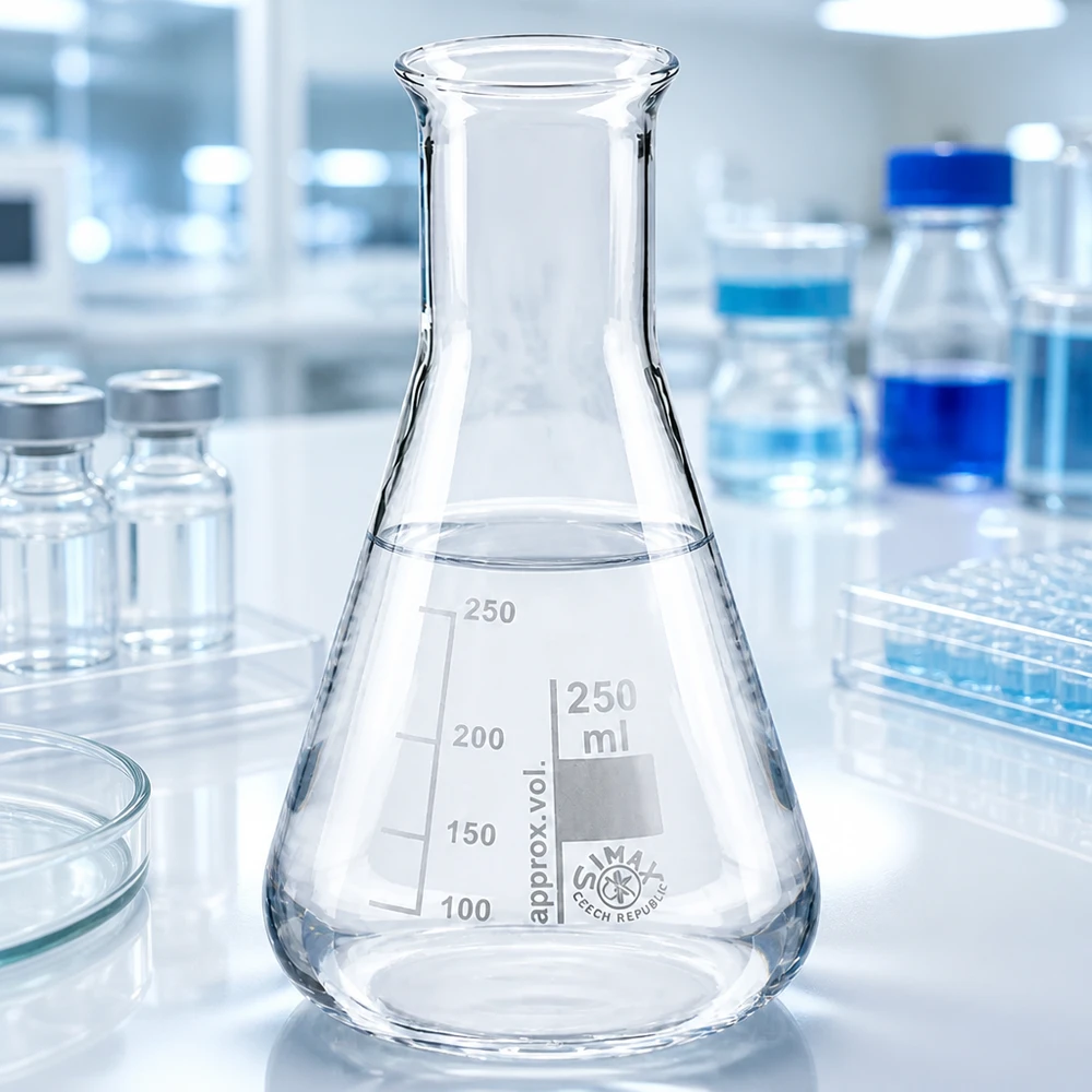 Frasco de laboratorio de 250 ml con cuello estrecho y pico para facilitar la decantación de líquidos