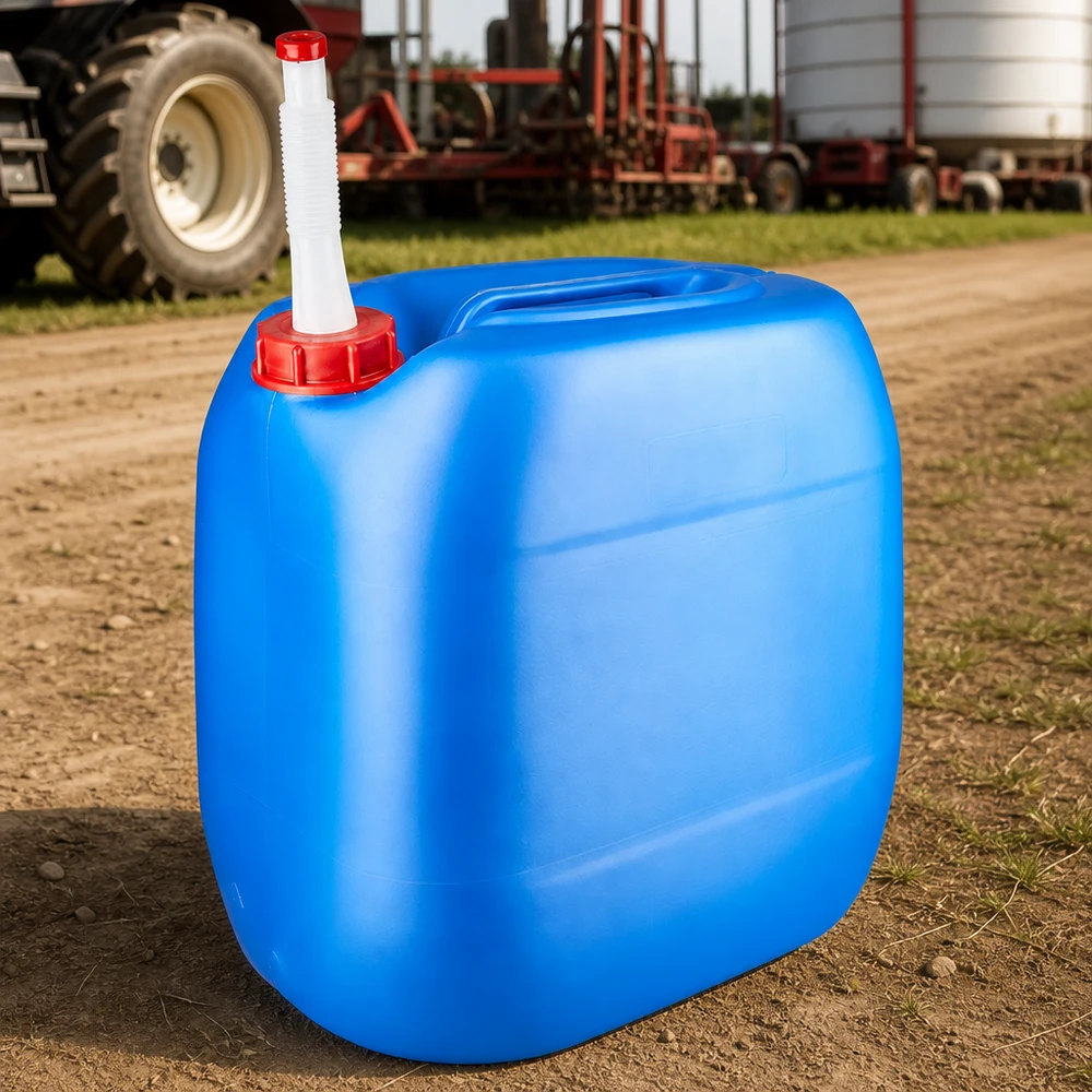 Bidón agrícola azul de 30 litros con tapón rojo y tubo de salida, delante de un tractor en un camino rural