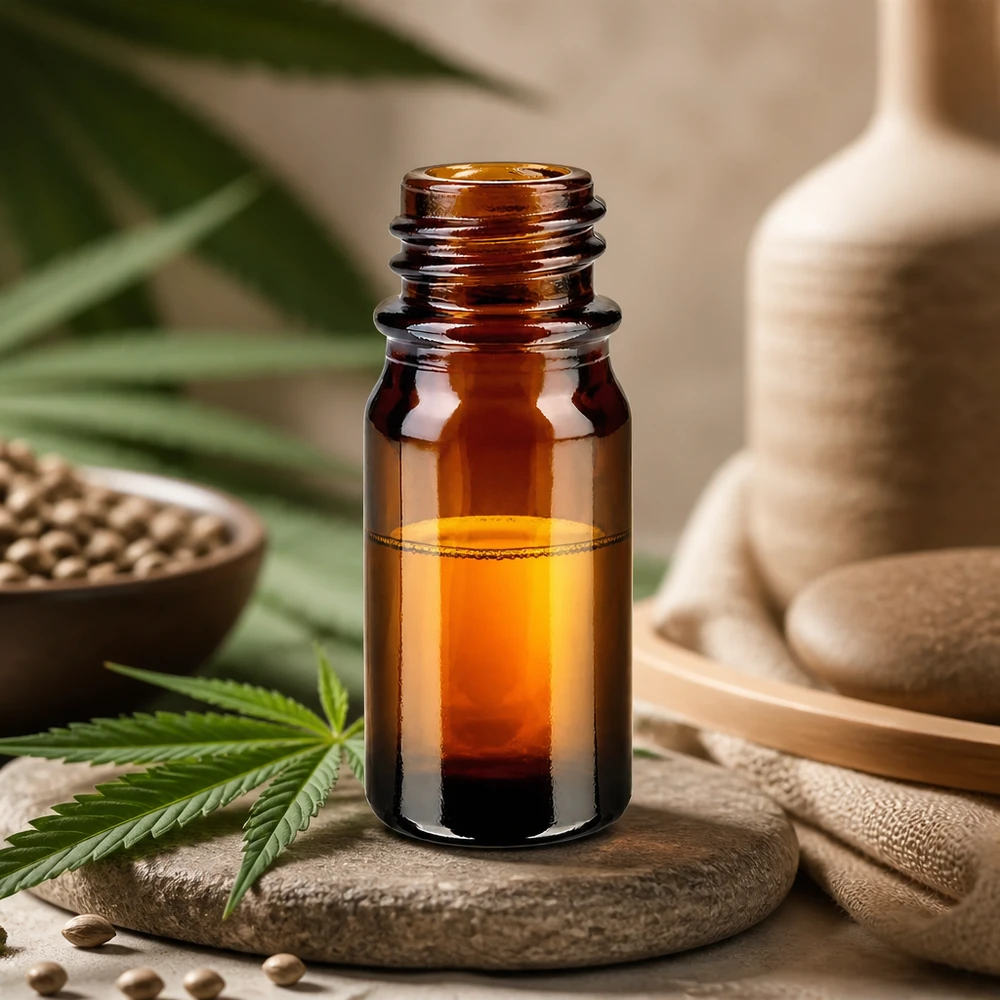 Frasco cuentagotas 5 ml DIN 18 de vidrio ámbar Frasco de farmacia ApoGlas marrón de 5ml con hoja de cannabis, semillas de cáñamo y decoración de bambú para aceite de CBD