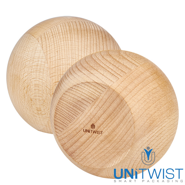 Vaso tulipa 580ml WECK RR100 con bola de madera haya Tapa esférica de madera de haya para tarro WECK RR100 1062ml - Vista detallada de la veta de madera natural y logotipo UNITWIST
