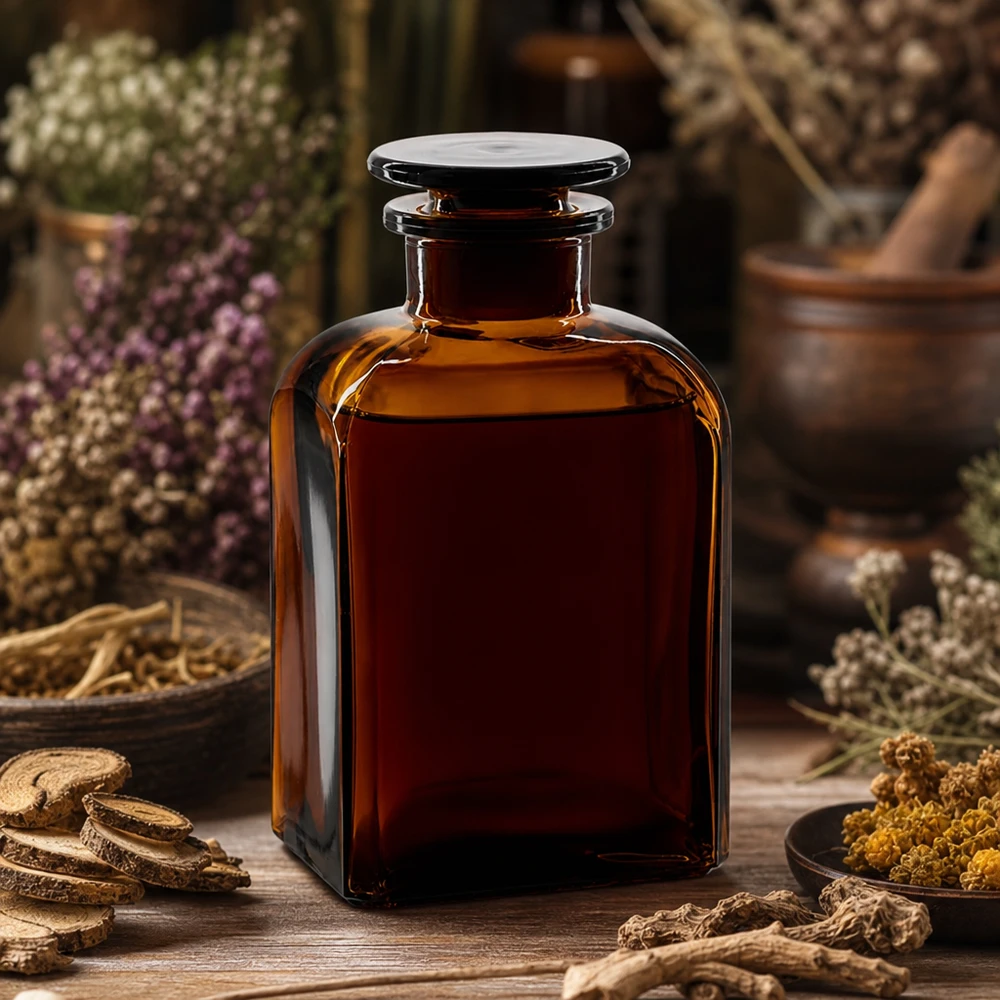 Frasco de laboratorio marrón de 500 ml con cuello ancho y tapón de cristal plano, rodeado de hierbas medicinales secas