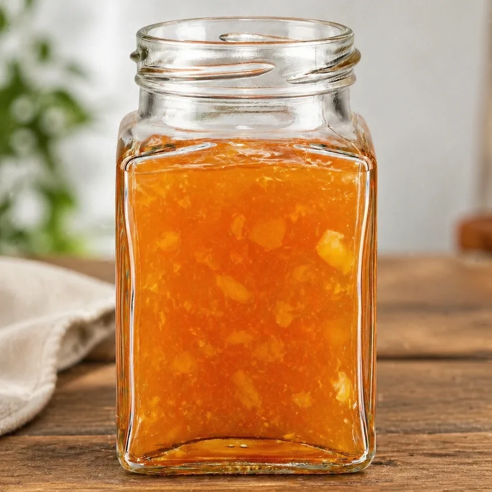 UNiTWIST Tetra260 tarro de 4 esquinas 260ml TO58 con contenido naranja sobre tabla de madera tarro cuadrado de mermelada