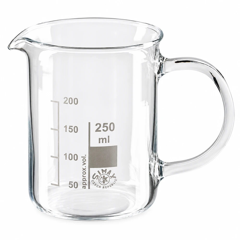 Vaso de precipitados de 250 ml de vidrio borosilicato con asa y escala de mililitros sobre fondo blanco