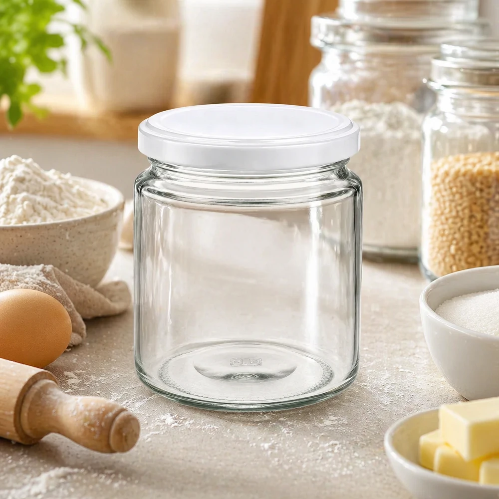 Tarro de miel de 250 ml vacío con tapa blanca UNiTWIST en la cocina de repostería entre la harina, los huevos y los utensilios de repostería