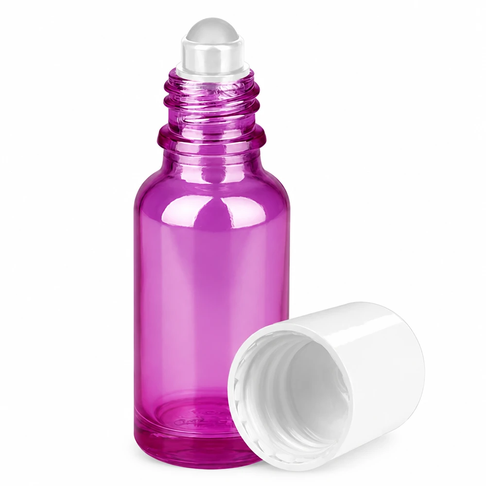 Frasco de vidrio roll-on morado de 20 ml con aplicador de bola metálica para una aplicación precisa de los aceites