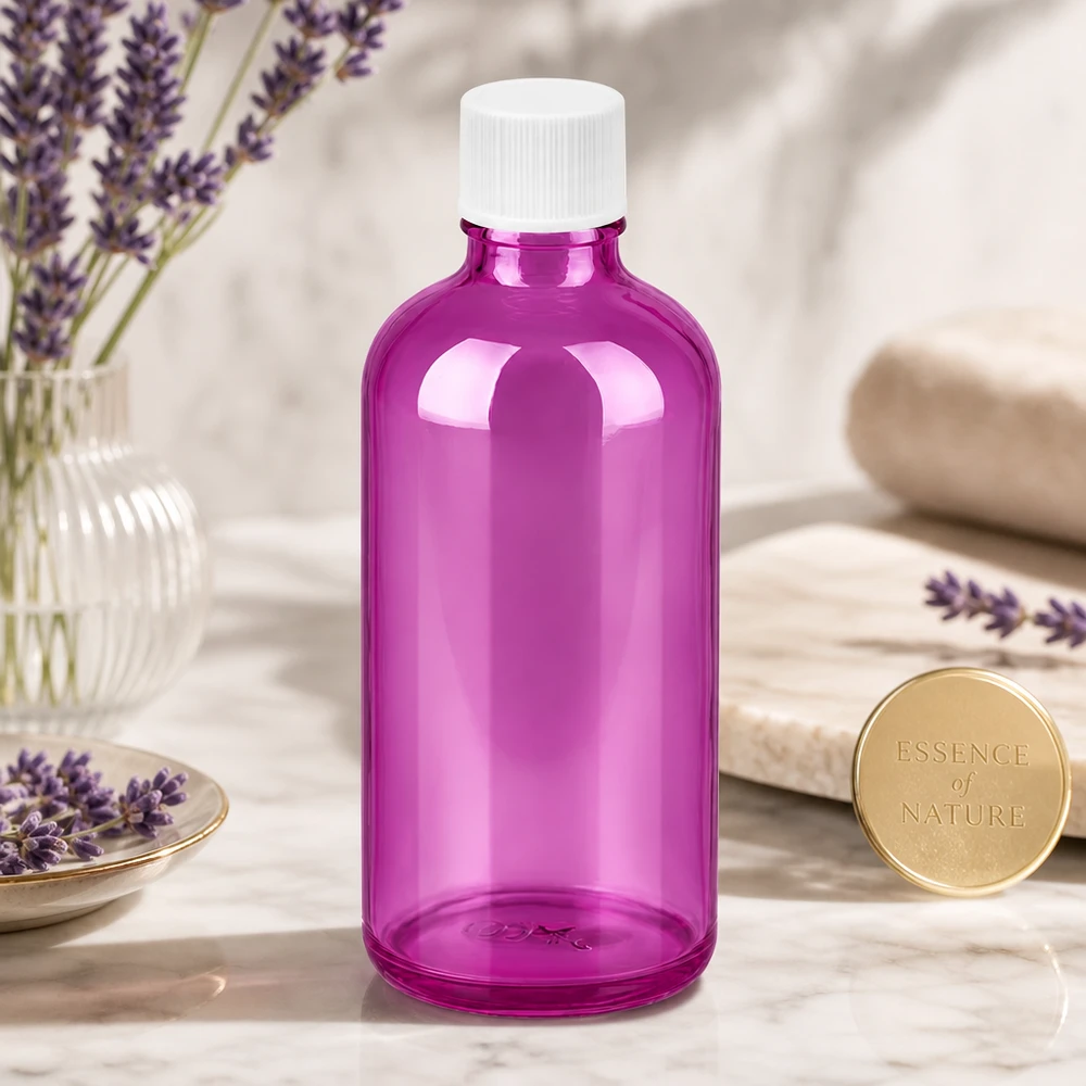 Frasco de 100 ml con tapón de rosca de 11 mm blanco estándar PurpleLine UT18/100 Botella de 100 ml de alta calidad con un moderno diseño morado y un práctico tapón de rosca blanco