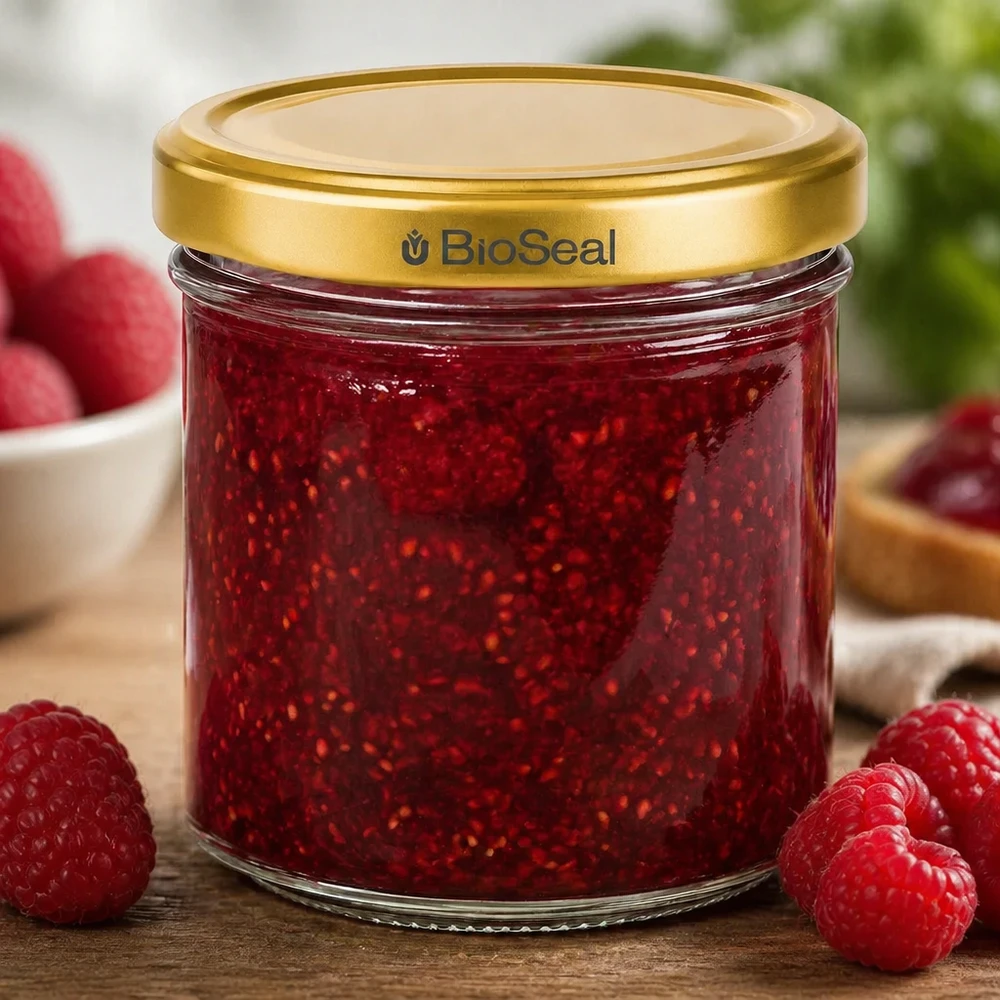 Tarro para miel de 200 g con tapa dorada BioSeal UNiTWIST Tarro de mermelada BioSeal de 200 g relleno de mermelada de frambuesa rodeado de frambuesas frescas sobre una base de madera