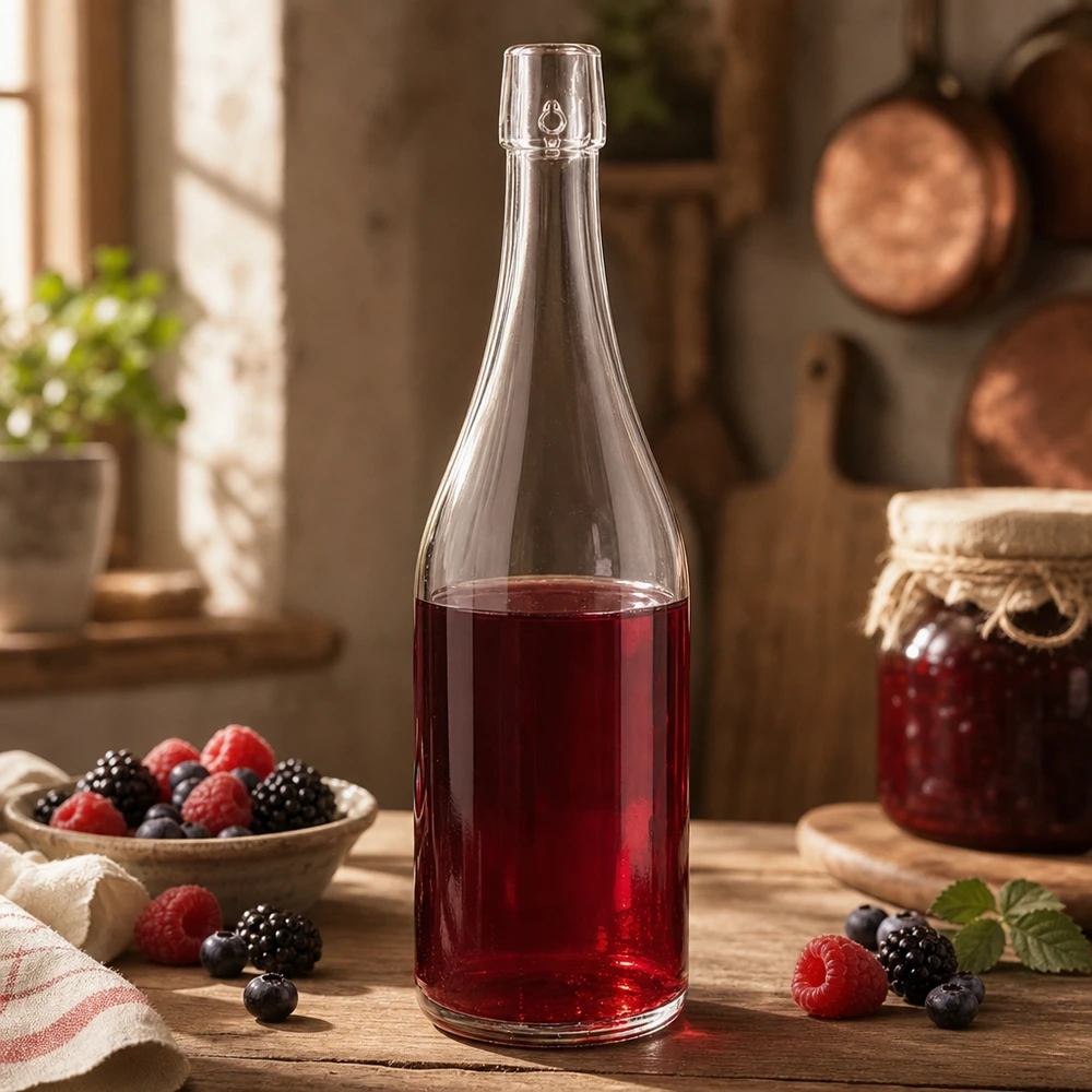 Botella de cristal de 750 ml sin tapón giratorio UNiTWIST Botella de cristal UNiTWIST de 750 ml llena de zumo de bayas cocina rústica arándanos frambuesas moras Aplicación