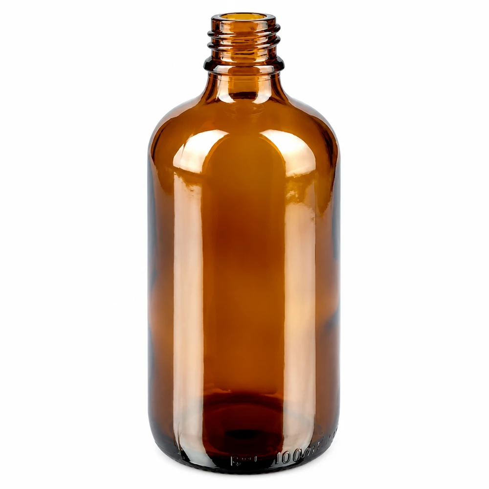 Frasco de vidrio marrón de 100 ml con cuello roscado UT18 para aceites esenciales y tinturas