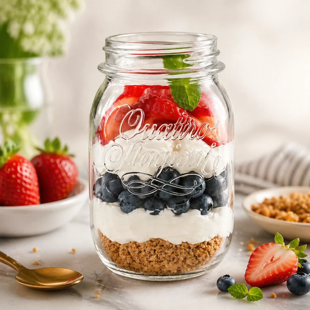 Tarro redondo de 500ml "Quattro Stagioni" QS70mm Tarro doméstico Quattro Stagioni de 500 ml relleno de un postre a capas de base de galleta, yogur, arándanos y fresas