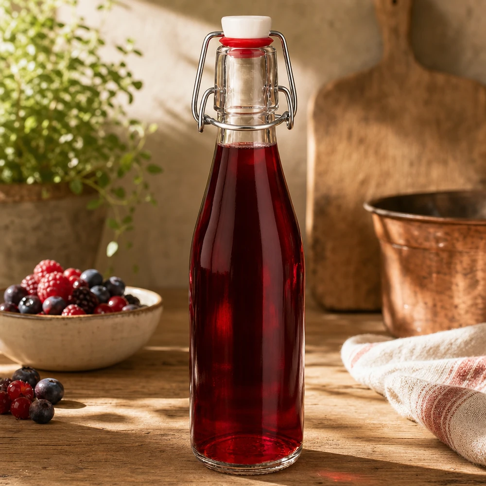 Botella de vidrio de 250ml + tapa oscilante de porcelana UNiTWIST 250ml Glasflasche mit Bügelverschluss gefüllt mit rotem Beerensaft, dekoriert mit frischen Beeren in rustikaler Küche