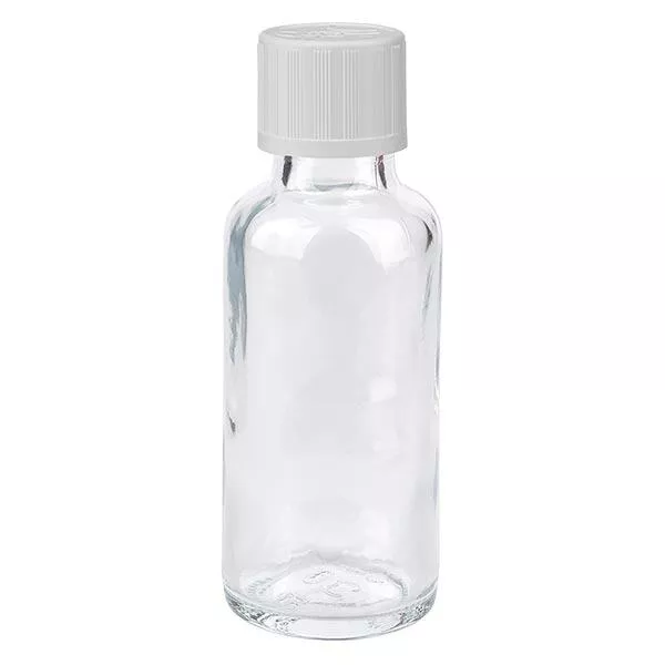 Botella de farmacia transparente 30ml tapón cuentagotas blanco a prueba de niños estándar Botella de farmacia transparente 30ml tapón cuentagotas blanco a prueba de niños estándar