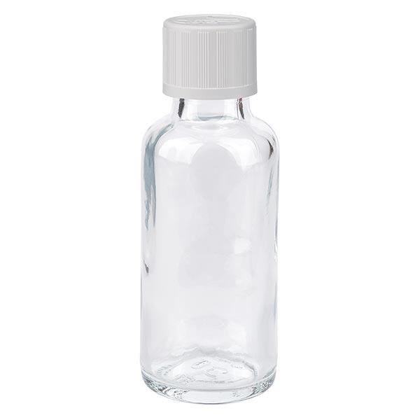 Botella de farmacia transparente 30ml tapón cuentagotas blanco a prueba de niños estándar Botella de farmacia transparente 30ml tapón cuentagotas blanco a prueba de niños estándar