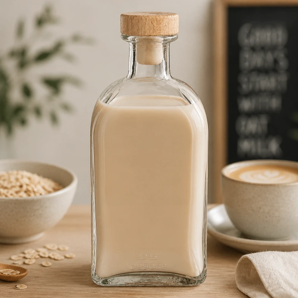 Botella de farmacia de Julia ml «Carre» con tapón de corcho con asa de madera UNiTWIST® Botella de cristal Julia de 500 ml con tapón de madera llena de leche de avena en la cocina junto a una taza de café y copos de avena