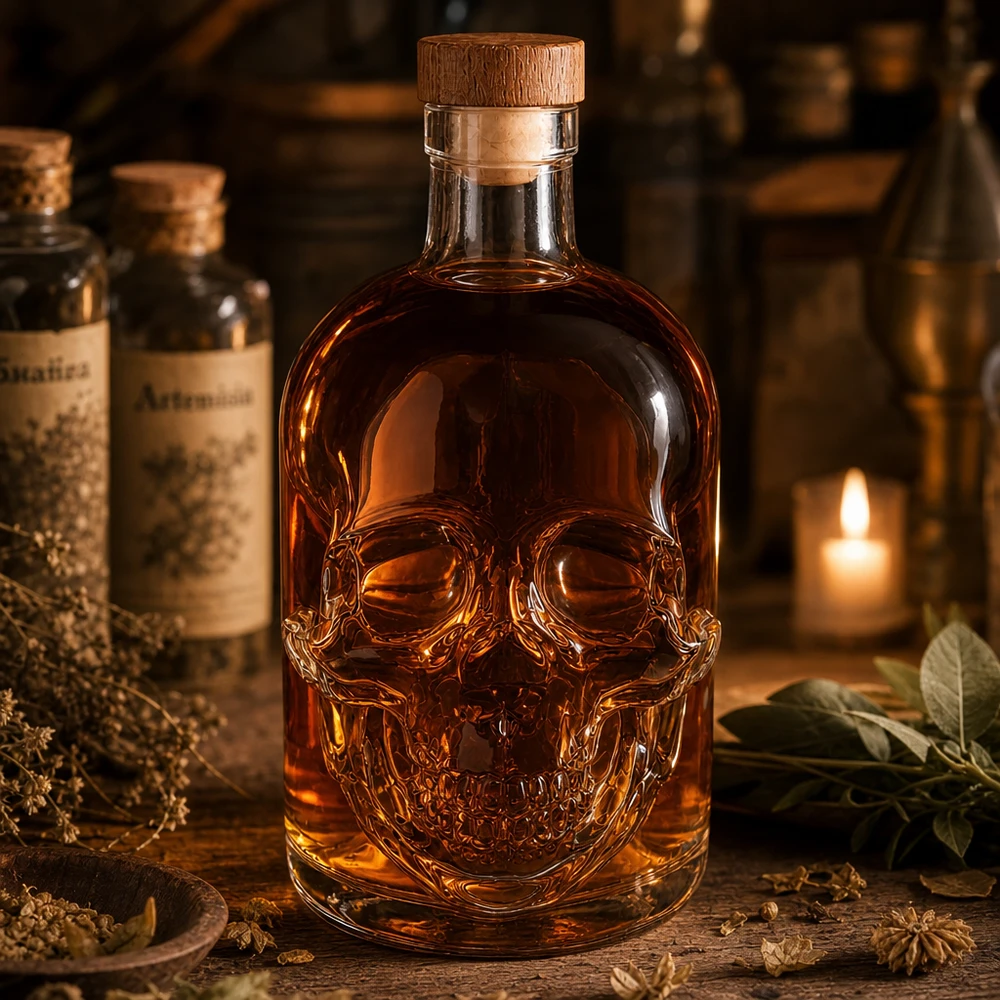 Botella de cristal de calavera Jack 500ml con líquido de color ámbar en un ambiente rústico de farmacia con vela y hierbas.