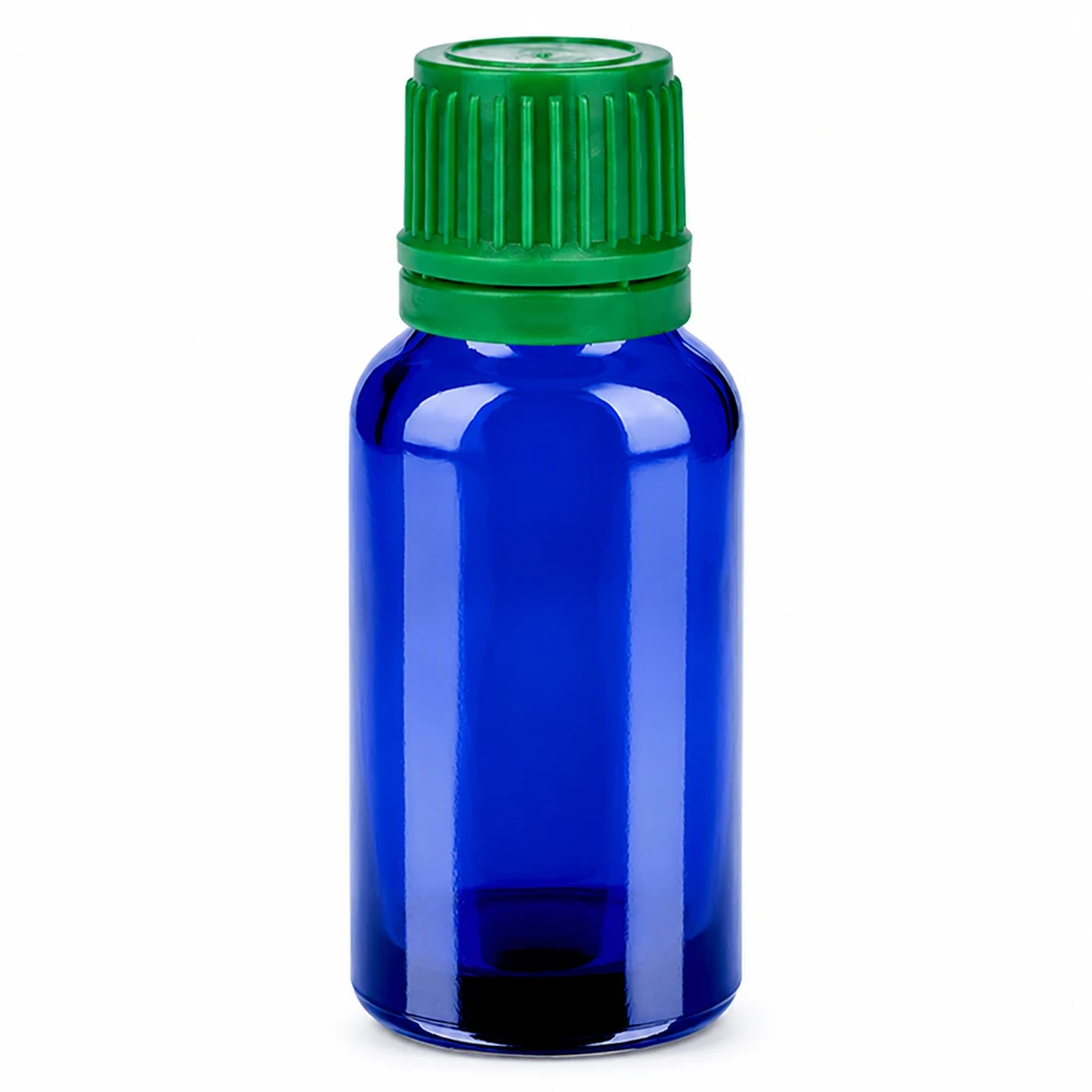 Frasco de vidrio azul de 20 ml con tapón de rosca verde para aceites esenciales y cosméticos