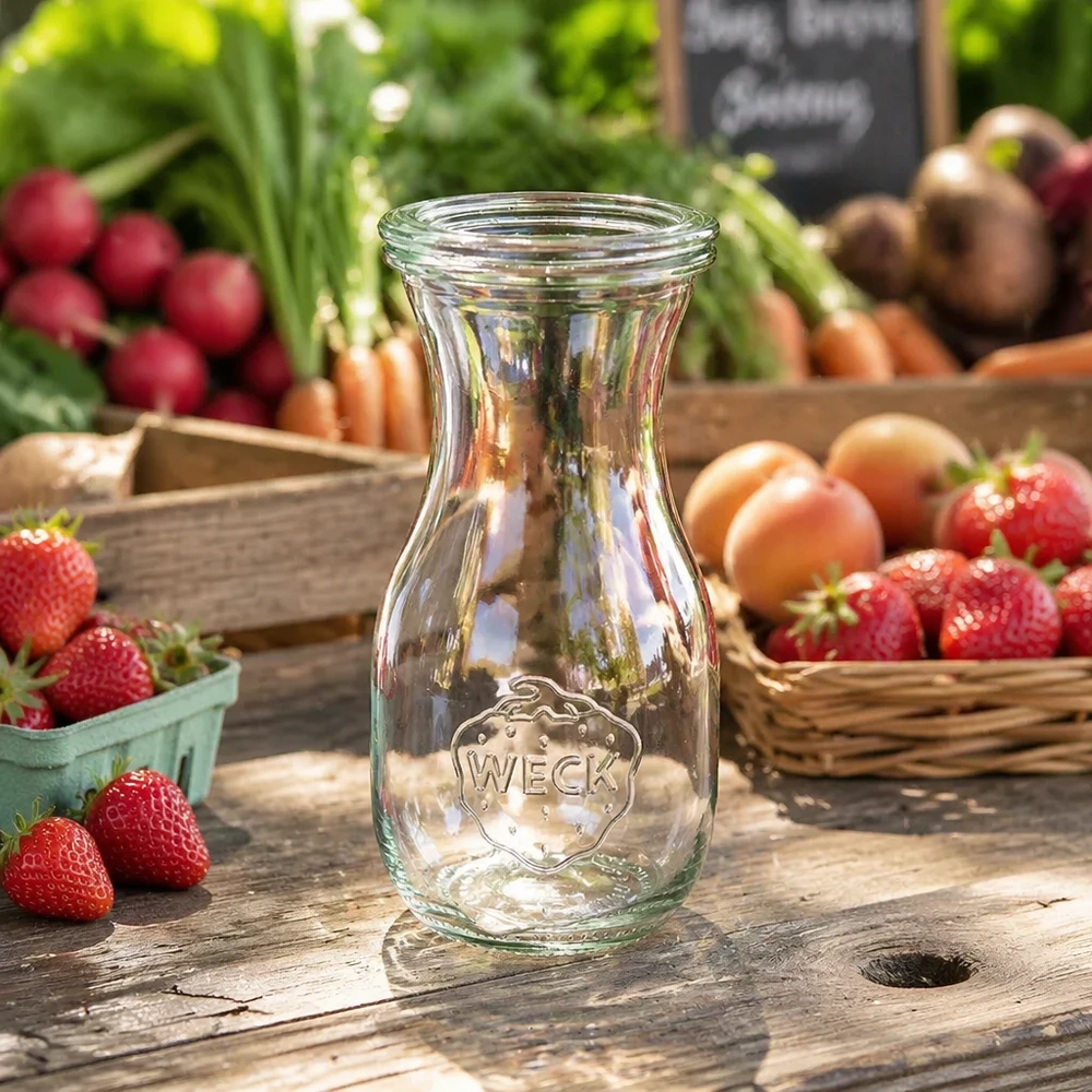 Botella de zumo WECK 290ml RR60 transparente sobre una mesa de madera rústica entre fresas frescas, rábanos y verduras