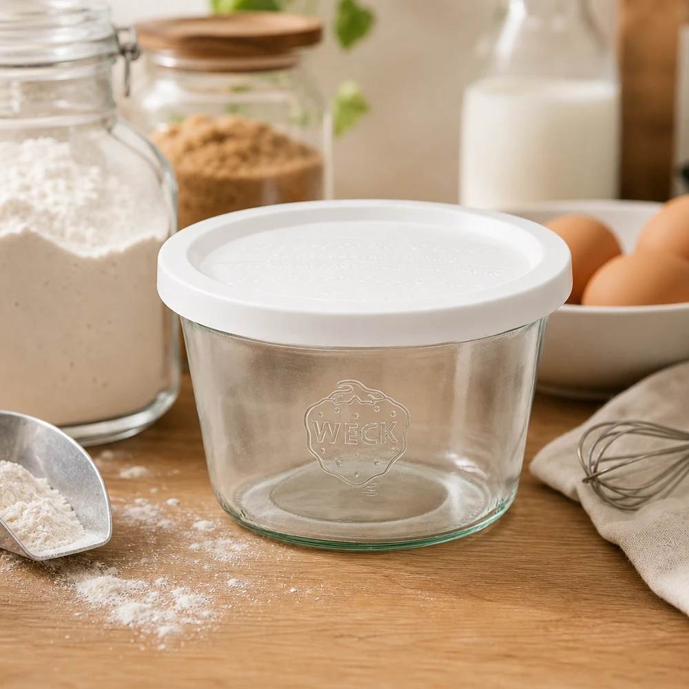 WECK 370ml RR100 mason jar con tapa de frescura en la cocina de panadería entre la harina, los huevos, la leche y utensilios de cocina