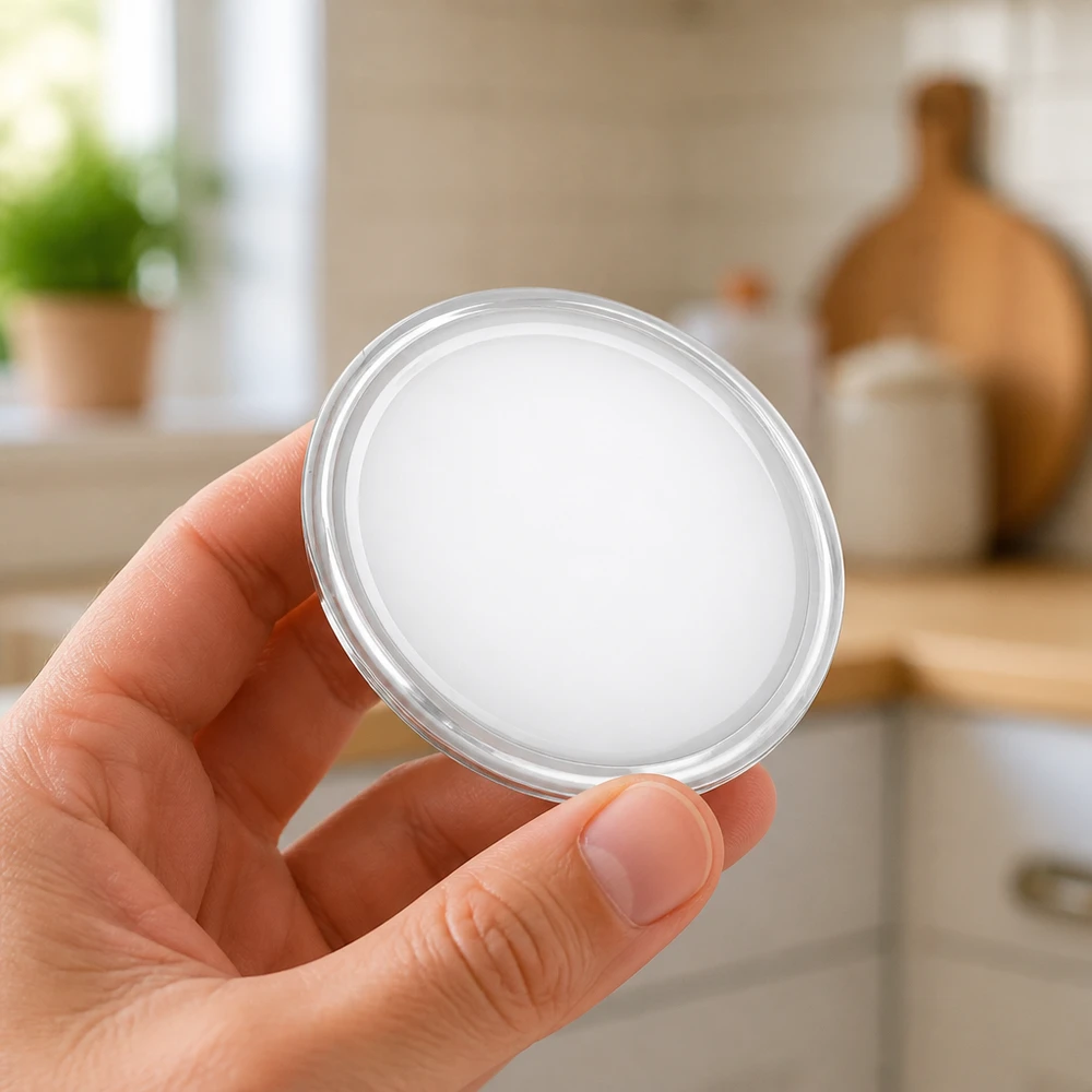 Tapa BasicSeal de 63 mm, blanca (TO63) UNiTWIST Tapa de rosca blanca TO63 de 63 mm, en primer plano en una cocina, fondo UNiTWIST BasicSeal