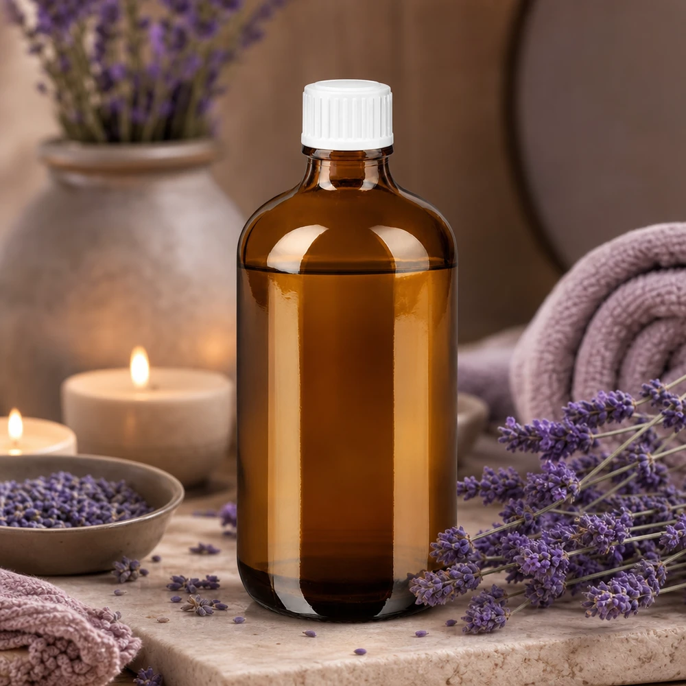 Frasco de farmacia marrón de 100 ml con tapón blanco, rodeado de lavanda y velas