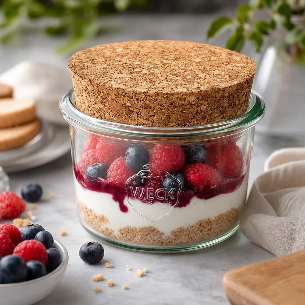 Vaso WECK 80ml RR60 con corcho como tarro de postre para tiramisú de bayas en porciones perfectas