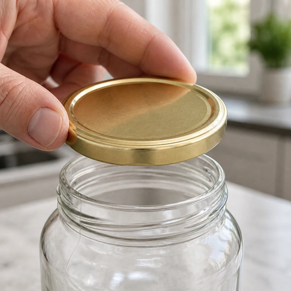 Tapa BasicSeal de 82 mm, color dorado (TO82) UNiTWIST La tapa BasicSeal TO82 dorada se coloca sobre un tarro de conserva vacío. Encimera de mármol en la cocina.
